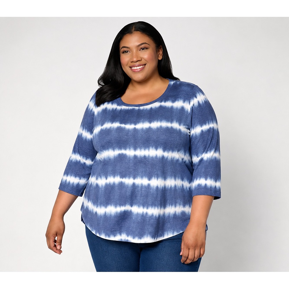 Denim & Co. Petite Soft Blend Tie Dye Stripe Printed Top Indigo, Petite Large
